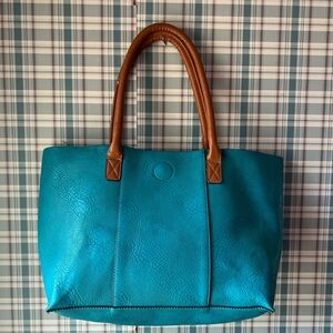 Leather Teal Tote Bag with Brown Handles